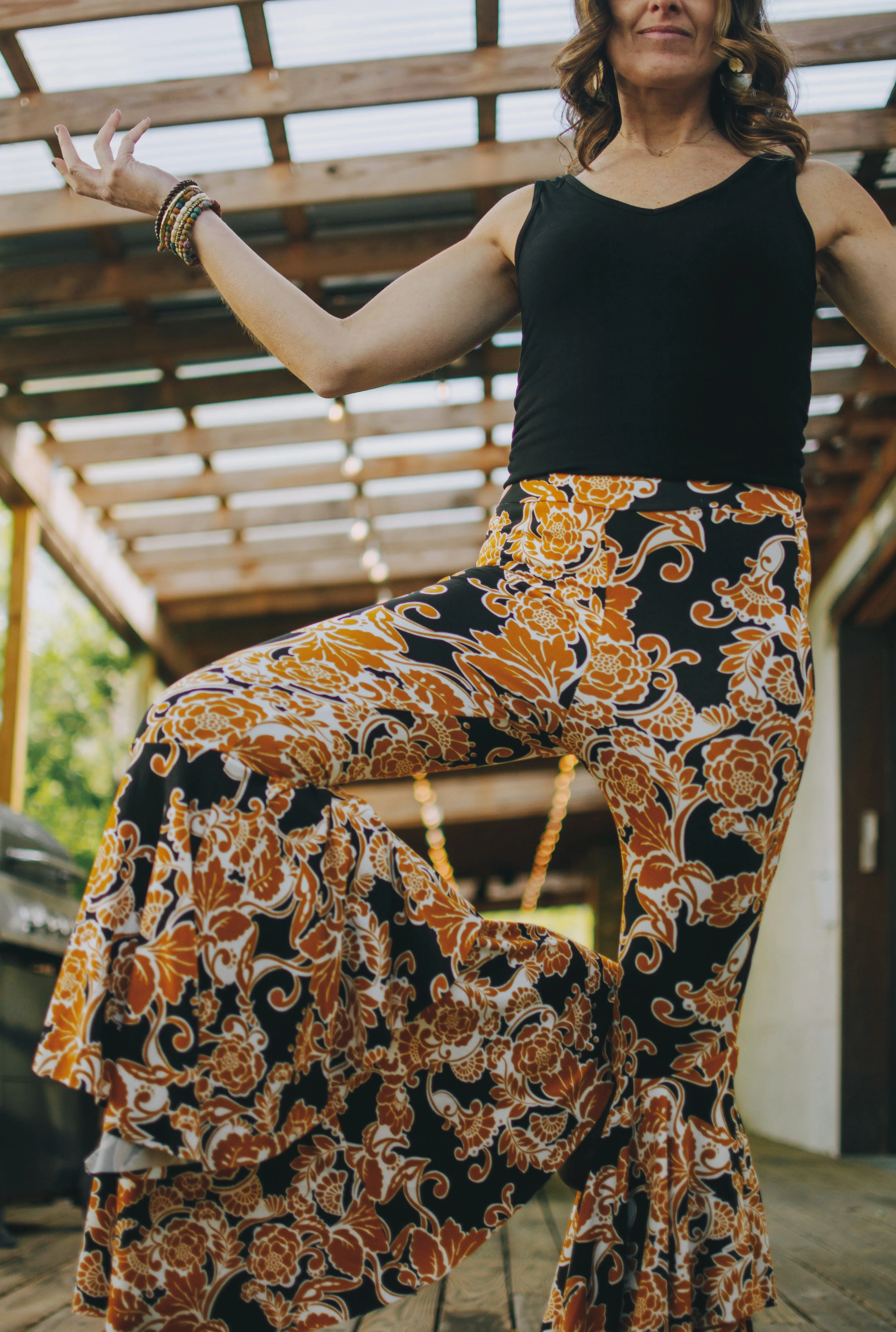 Buttery Knit Ruffle Bells in Mustard Floral