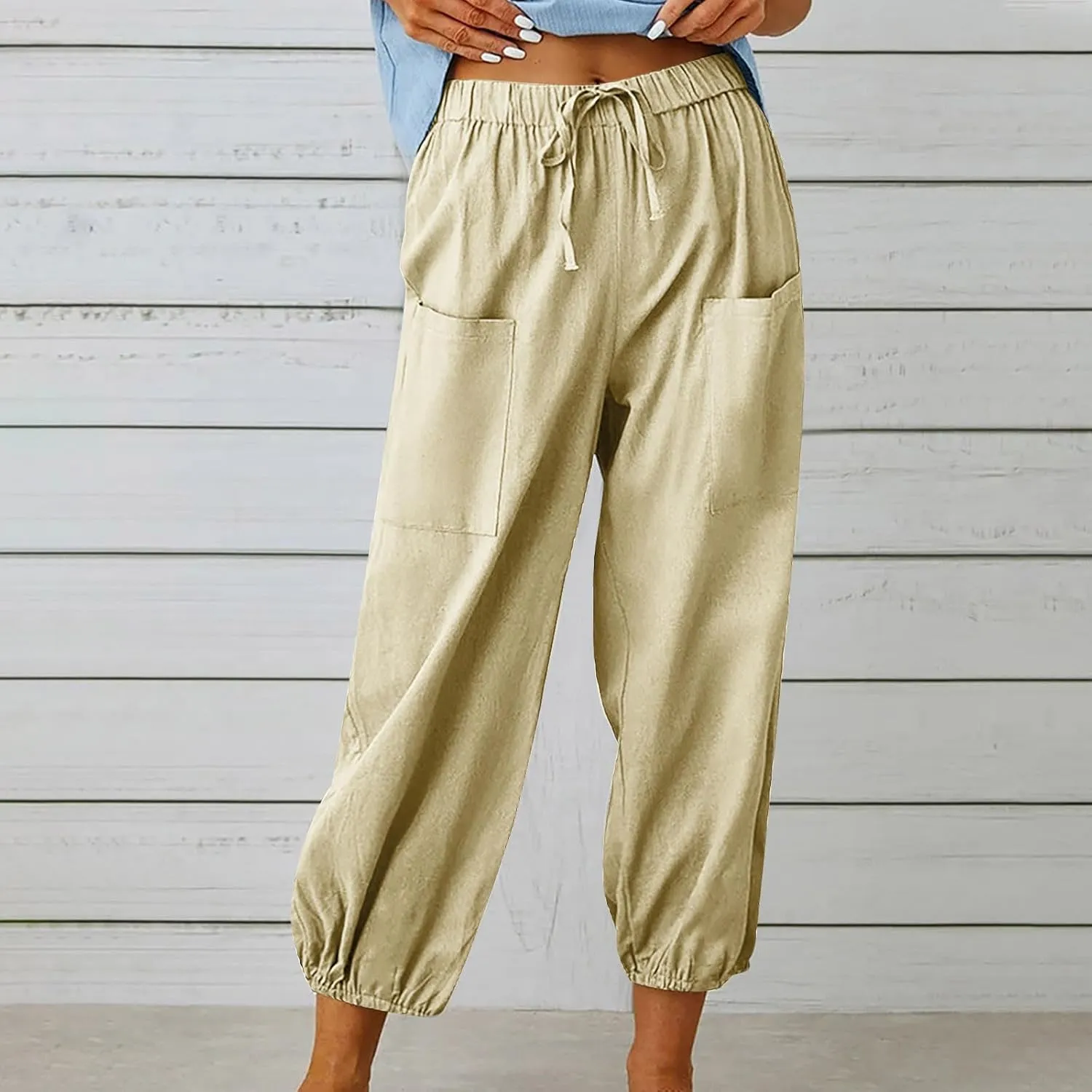 Cotton Linen Pants for Women Drawstring Elastic Waist Trousers Summer Solid Business Casual Gauze Pant Beach Clothes