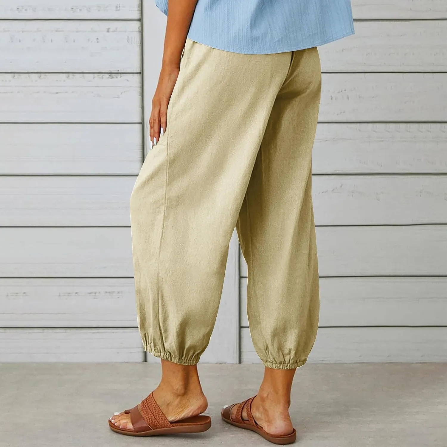 Cotton Linen Pants for Women Drawstring Elastic Waist Trousers Summer Solid Business Casual Gauze Pant Beach Clothes