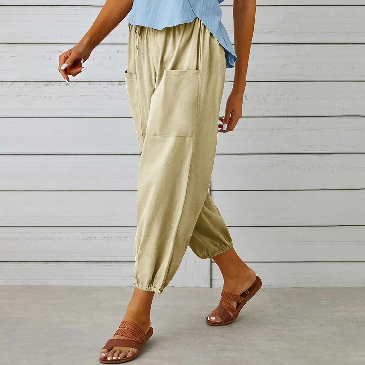 Cotton Linen Pants for Women Drawstring Elastic Waist Trousers Summer Solid Business Casual Gauze Pant Beach Clothes