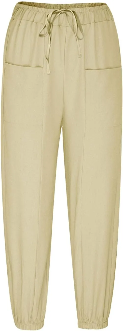 Cotton Linen Pants for Women Drawstring Elastic Waist Trousers Summer Solid Business Casual Gauze Pant Beach Clothes