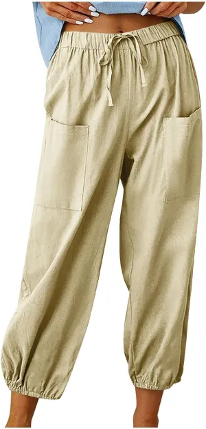 Cotton Linen Pants for Women Drawstring Elastic Waist Trousers Summer Solid Business Casual Gauze Pant Beach Clothes