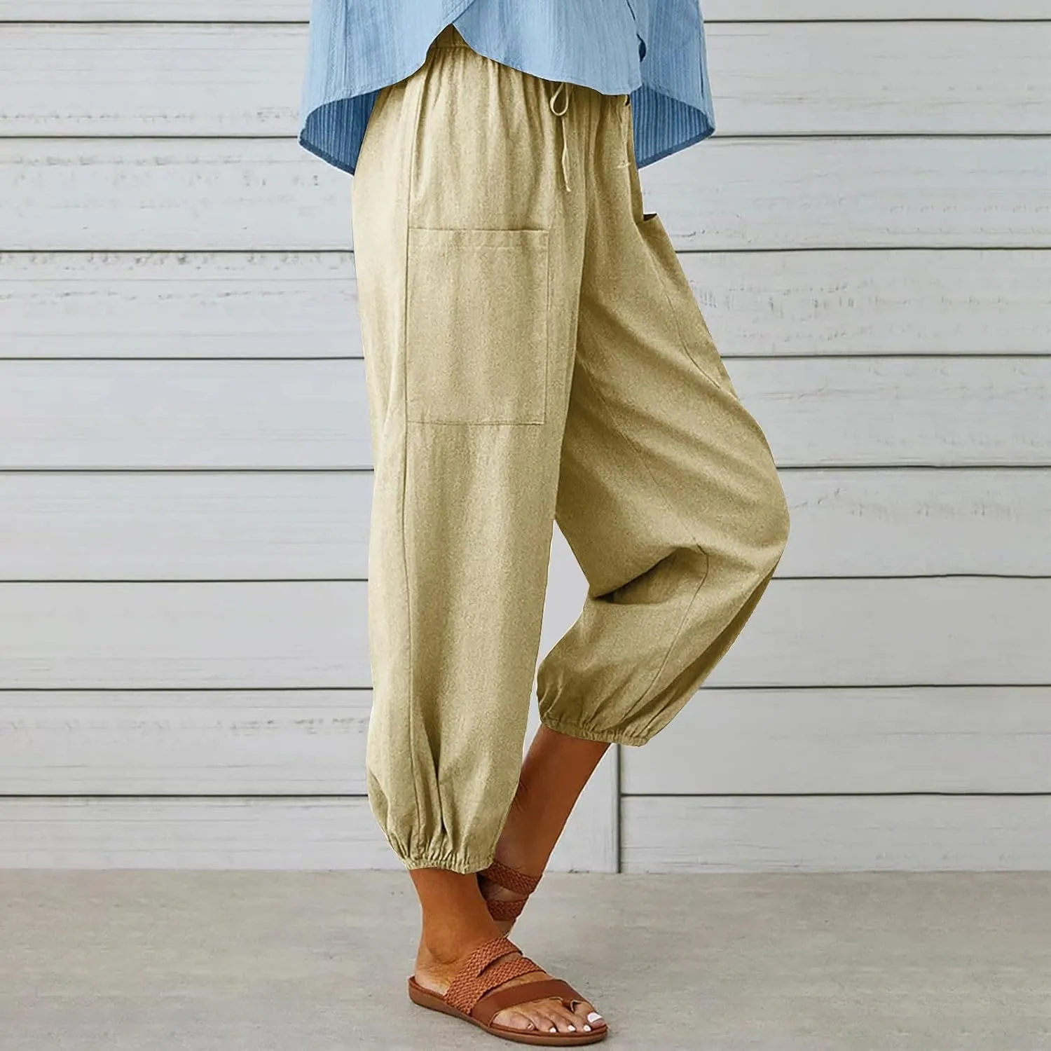 Cotton Linen Pants for Women Drawstring Elastic Waist Trousers Summer Solid Business Casual Gauze Pant Beach Clothes