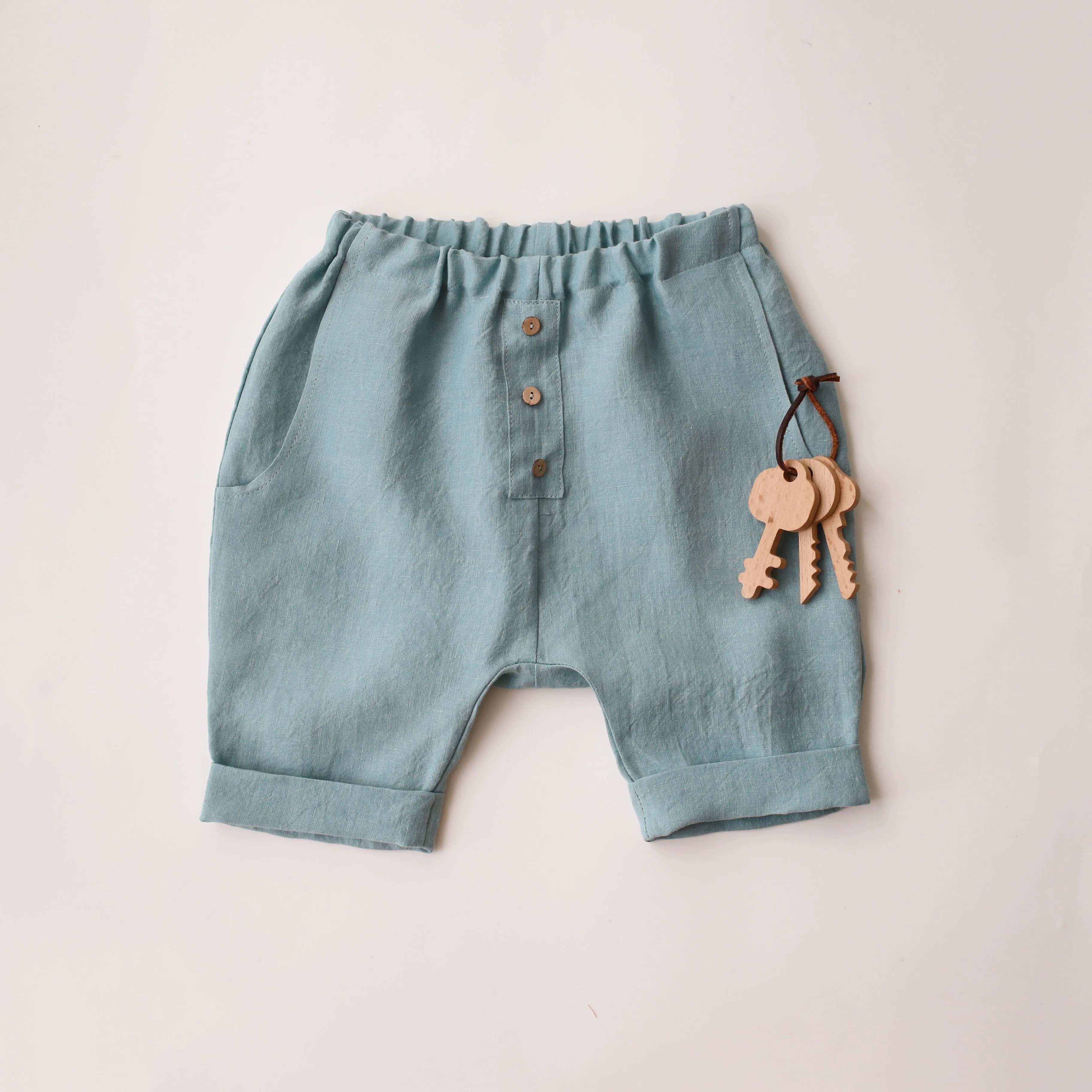 Duck Egg Blue Linen Buttoned Shorts