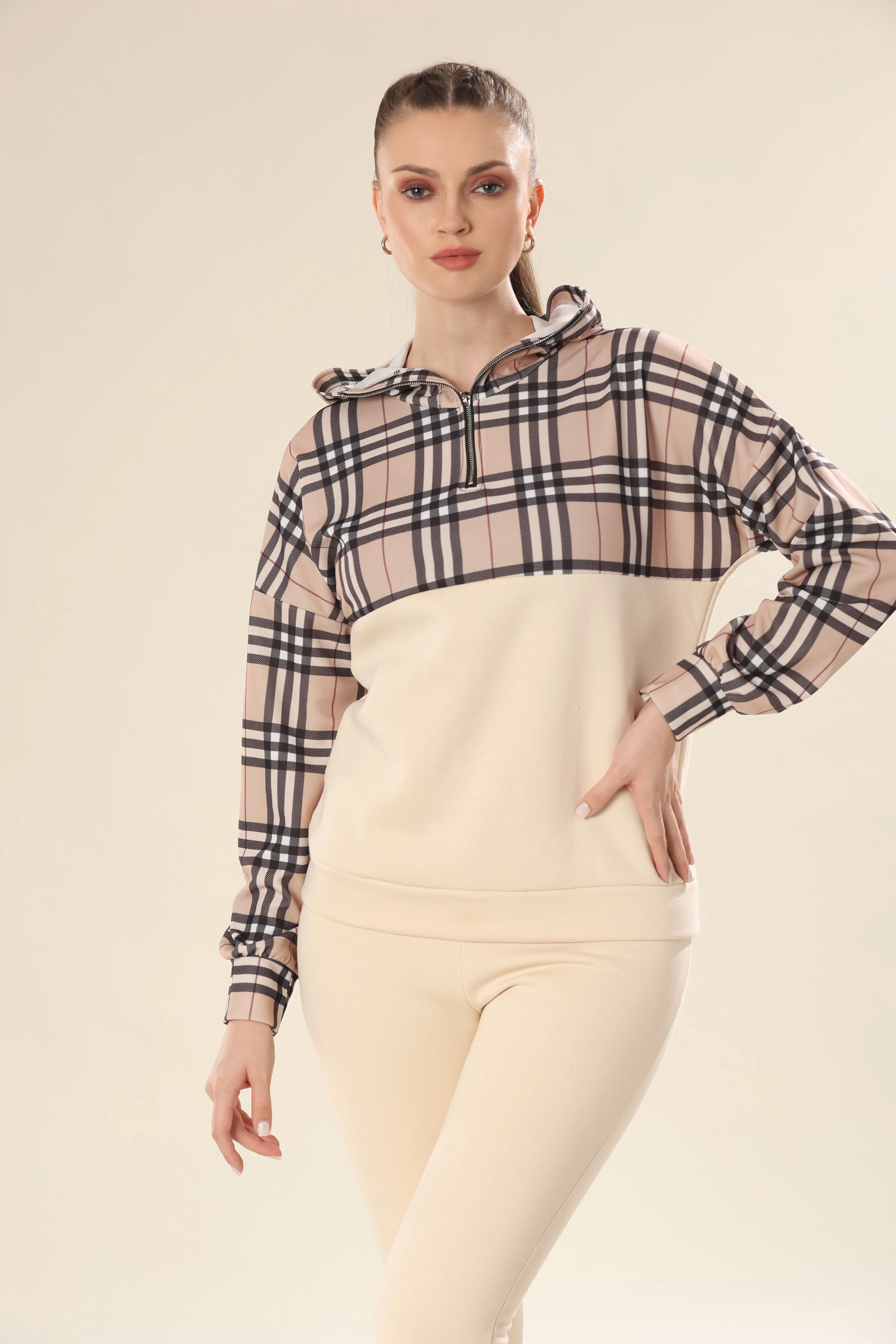 Fashionable Checks In Modern Beige Plaid Track Suit