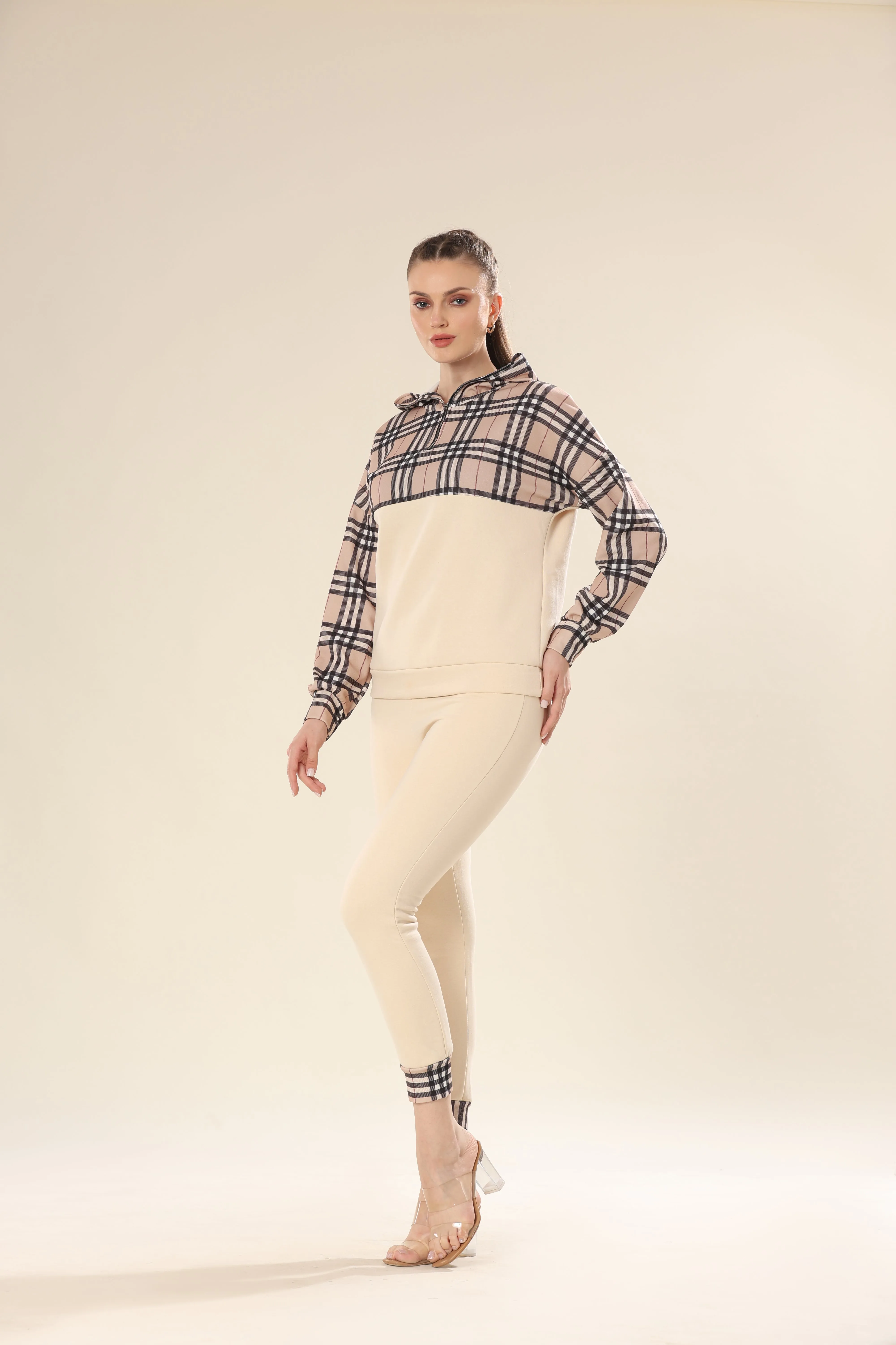Fashionable Checks In Modern Beige Plaid Track Suit