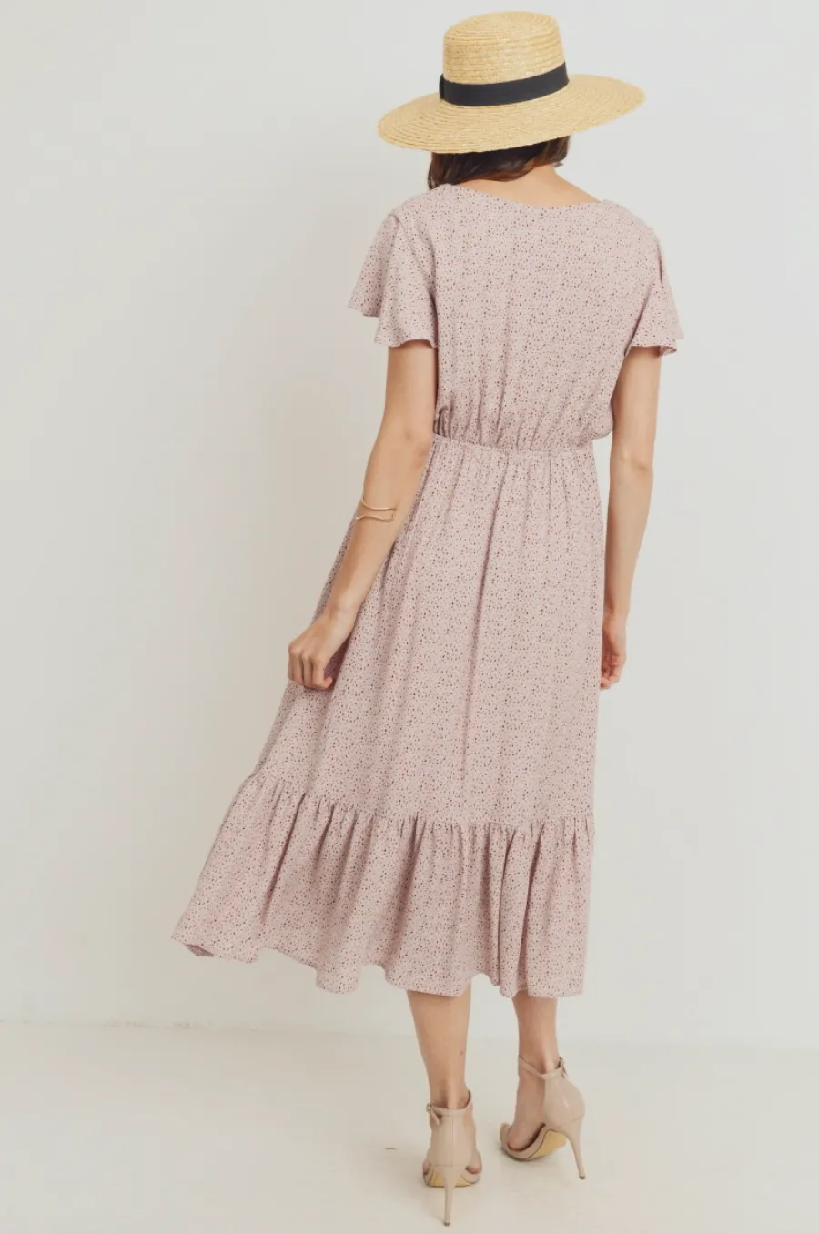 Flutter Sleeve V-Neck Maternity Ruffle Midi Dress
