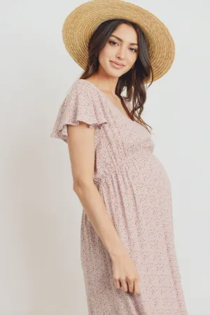 Flutter Sleeve V-Neck Maternity Ruffle Midi Dress
