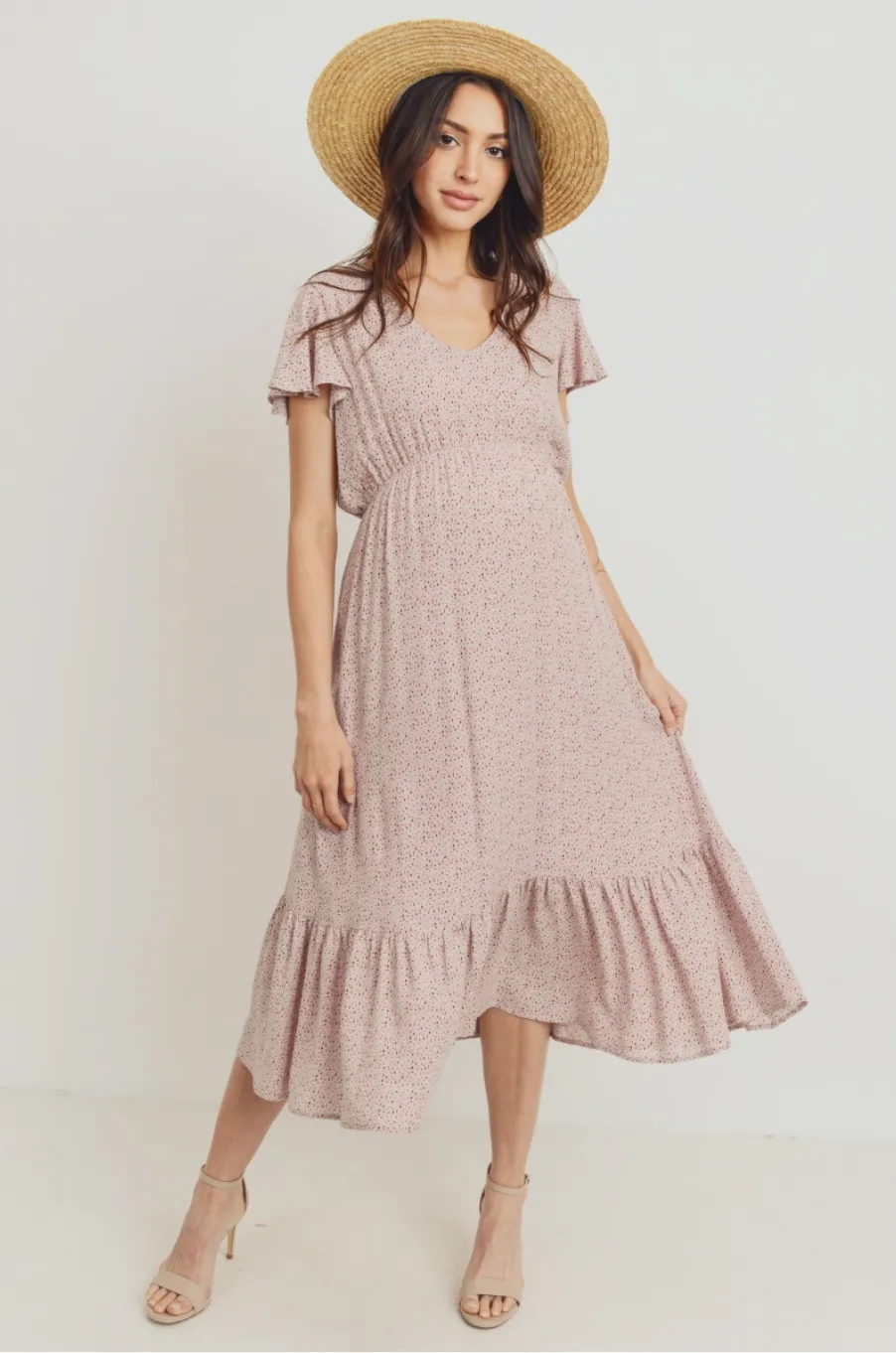 Flutter Sleeve V-Neck Maternity Ruffle Midi Dress