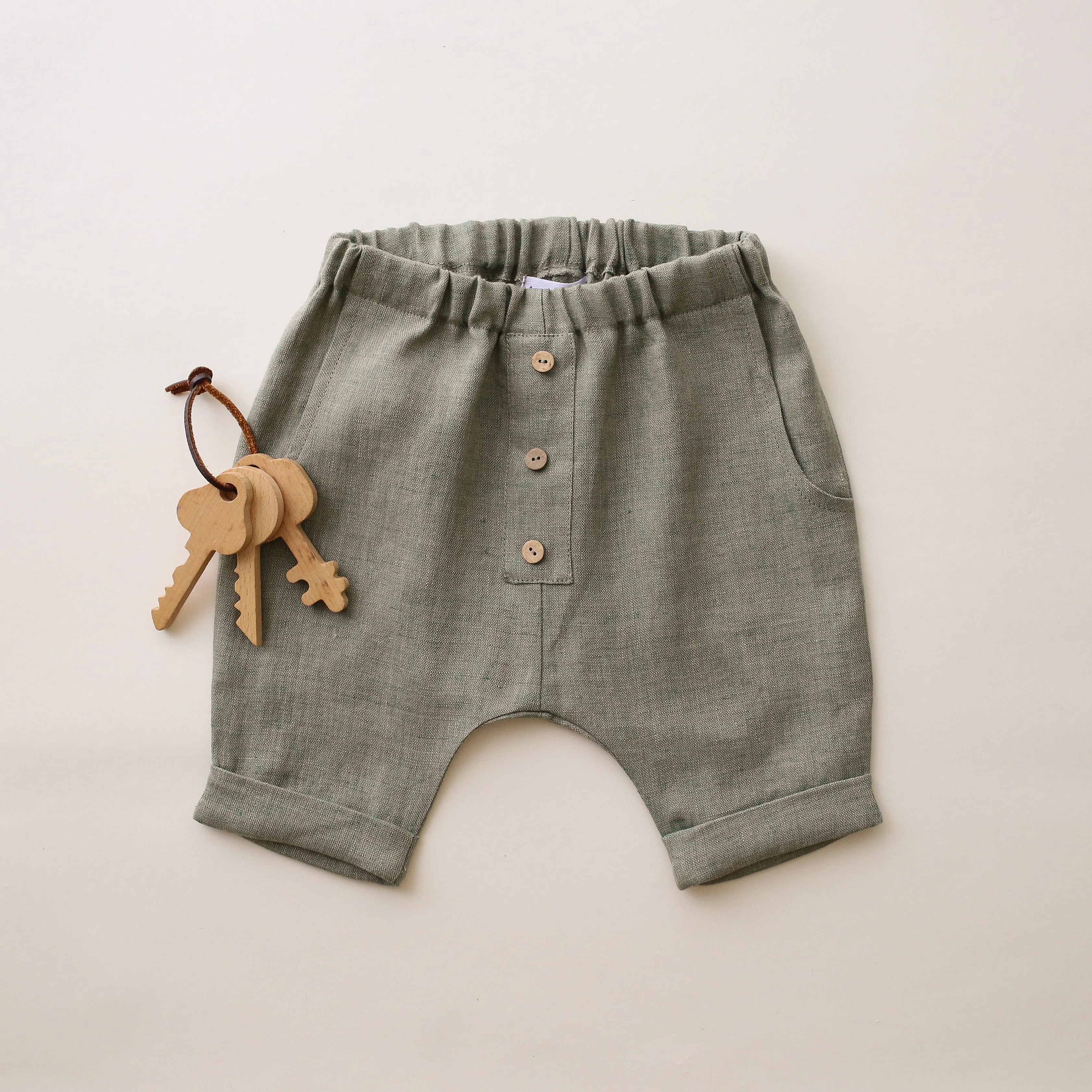 Green Smoke Linen Buttoned Shorts