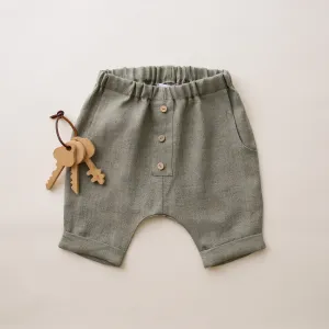 Green Smoke Linen Buttoned Shorts