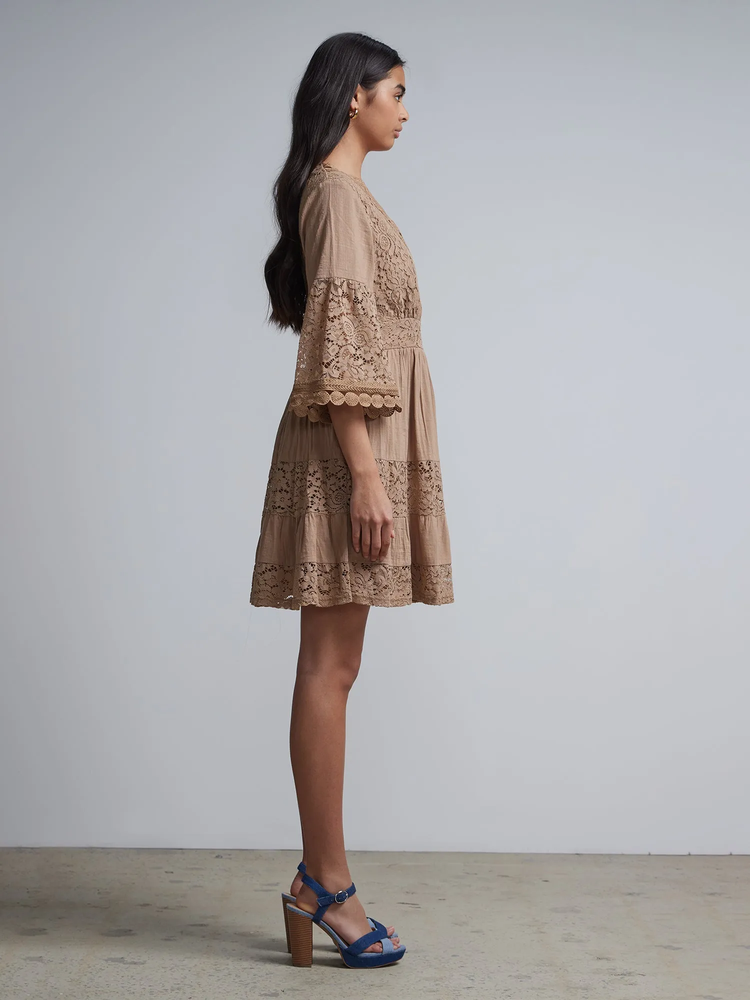Lace-Trim Bell-Sleeve Flare Dress