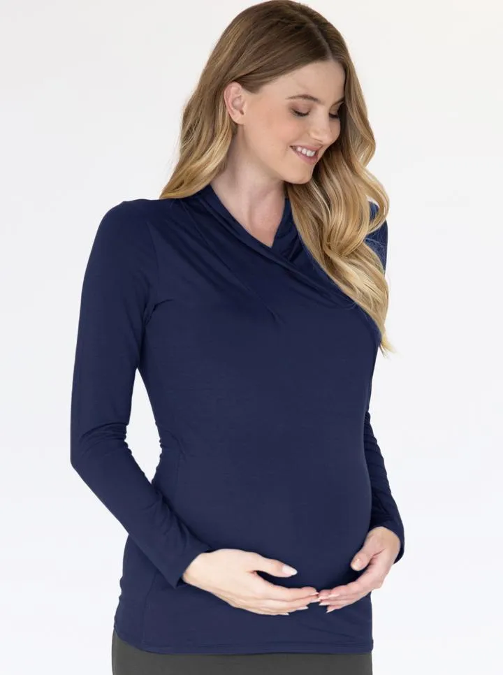 Maternity V-Neck Crossover Bamboo Long Sleeve Top in Black or Navy