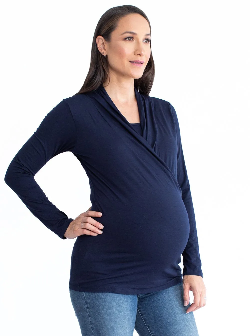 Maternity V-Neck Crossover Bamboo Long Sleeve Top in Black or Navy