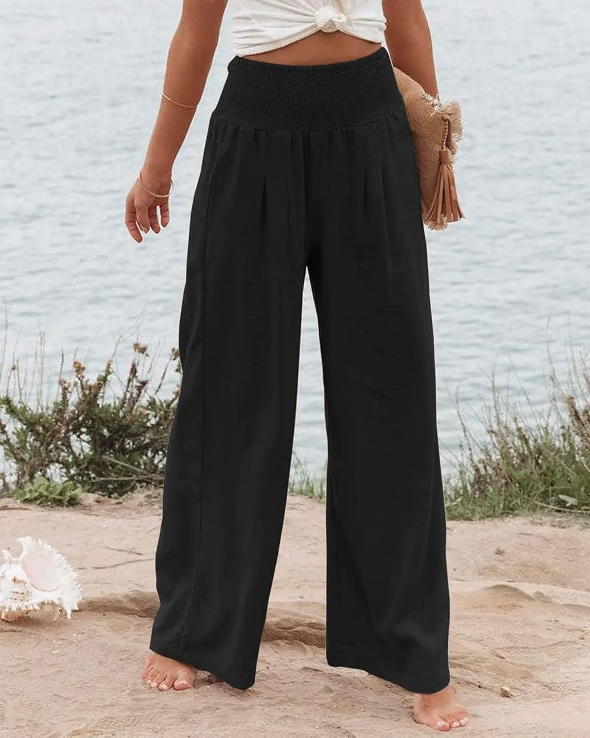 Mmoneyake Summer Linen Pants for Women 2024 Vacation Palazzo Pants Flowy Wide Leg Beach Lounge Pants Trousers with Pockets
