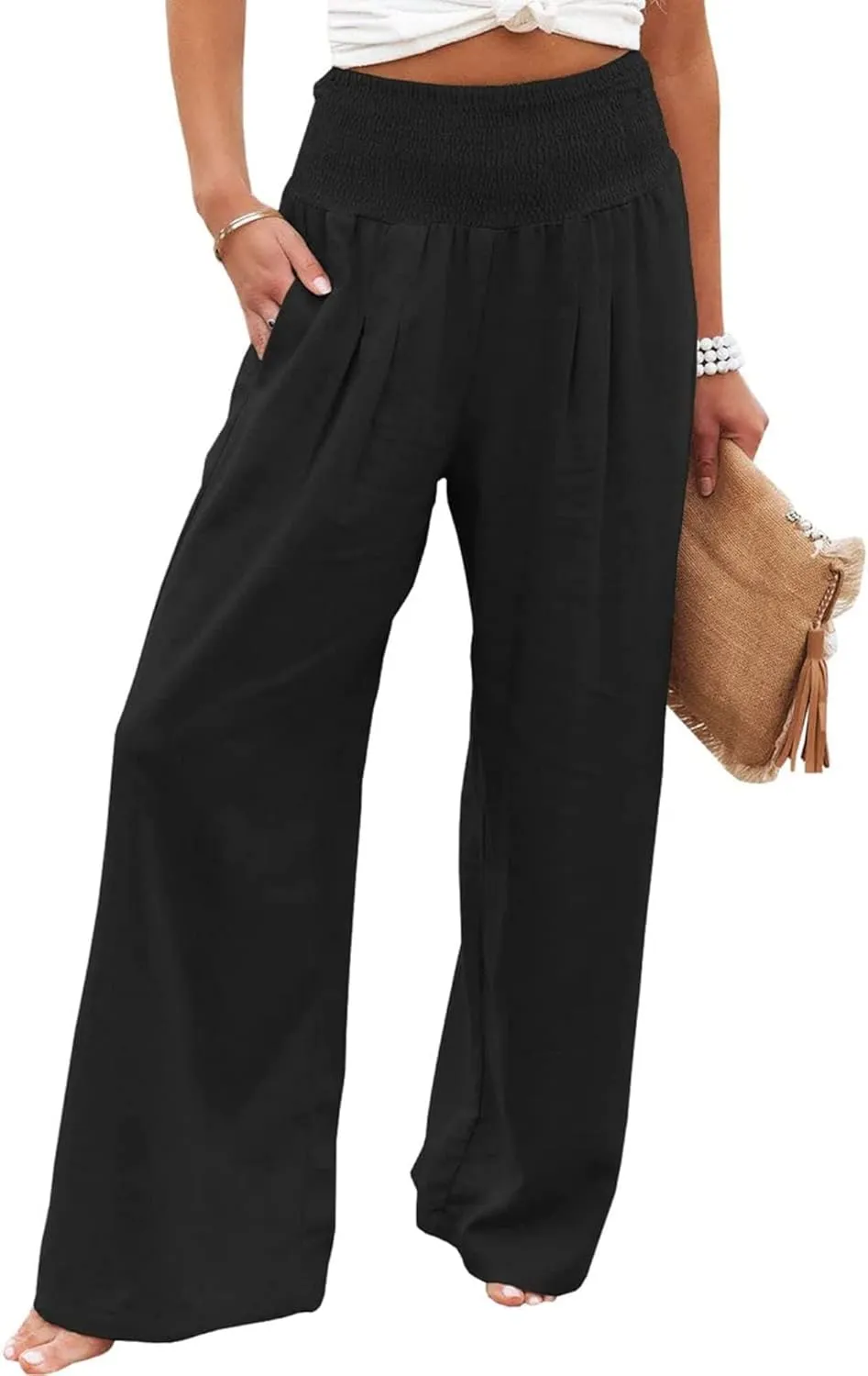 Mmoneyake Summer Linen Pants for Women 2024 Vacation Palazzo Pants Flowy Wide Leg Beach Lounge Pants Trousers with Pockets
