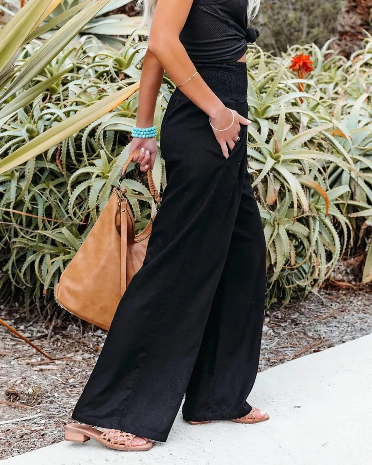 Mmoneyake Summer Linen Pants for Women 2024 Vacation Palazzo Pants Flowy Wide Leg Beach Lounge Pants Trousers with Pockets