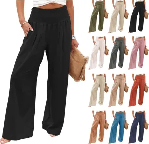 Mmoneyake Summer Linen Pants for Women 2024 Vacation Palazzo Pants Flowy Wide Leg Beach Lounge Pants Trousers with Pockets
