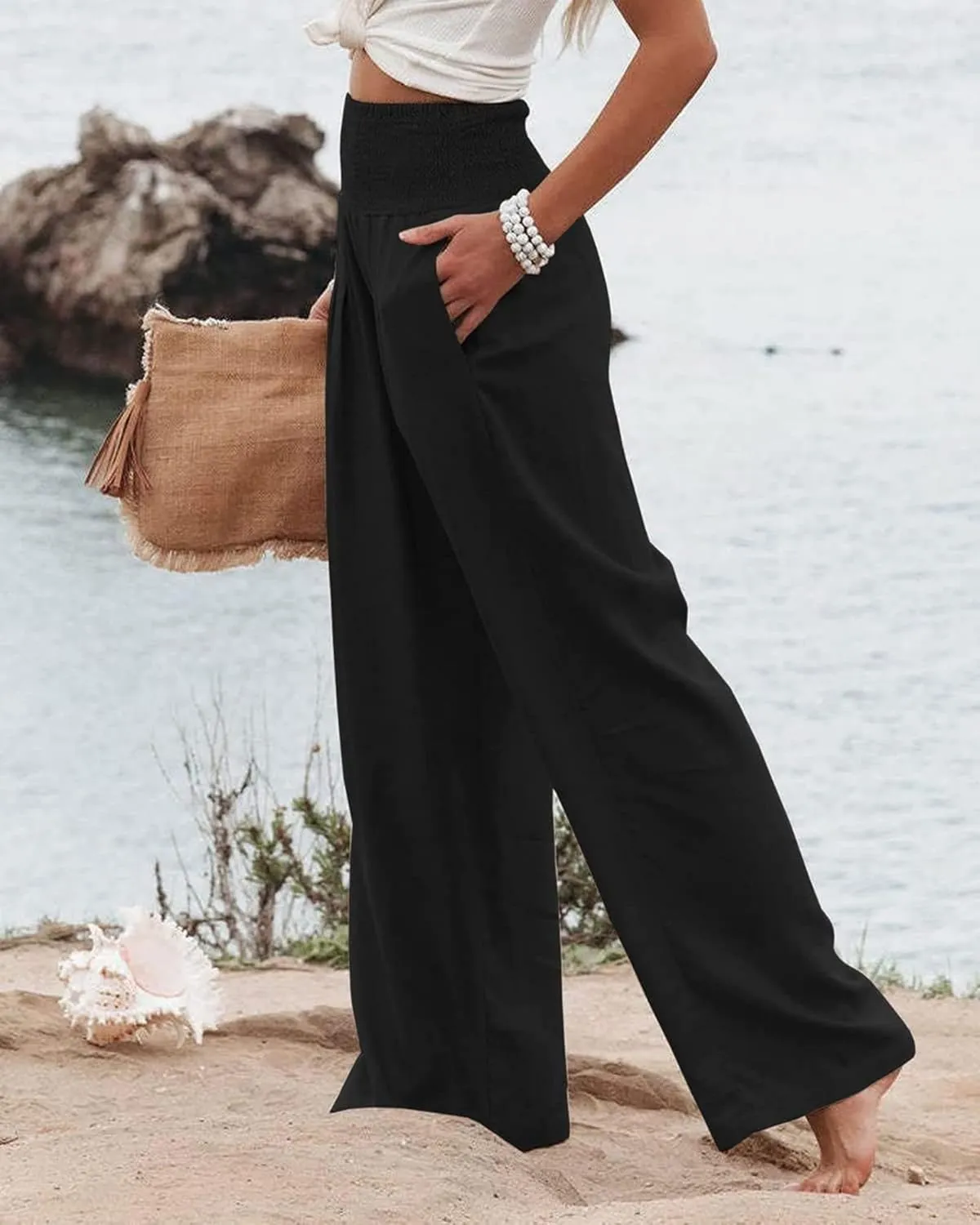 Mmoneyake Summer Linen Pants for Women 2024 Vacation Palazzo Pants Flowy Wide Leg Beach Lounge Pants Trousers with Pockets