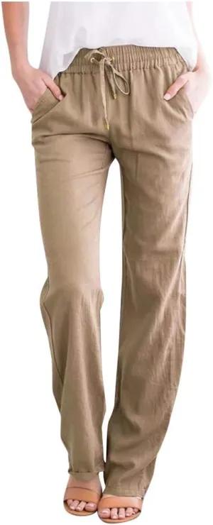 Rvidbe Women's Pants for Work, Casual Pants for Women High Waist, Womens Pants Dressy Casual Women Linen Pants Straight Leg Loose Fit Casual Drawstring Lounge Beach Trousers Pants