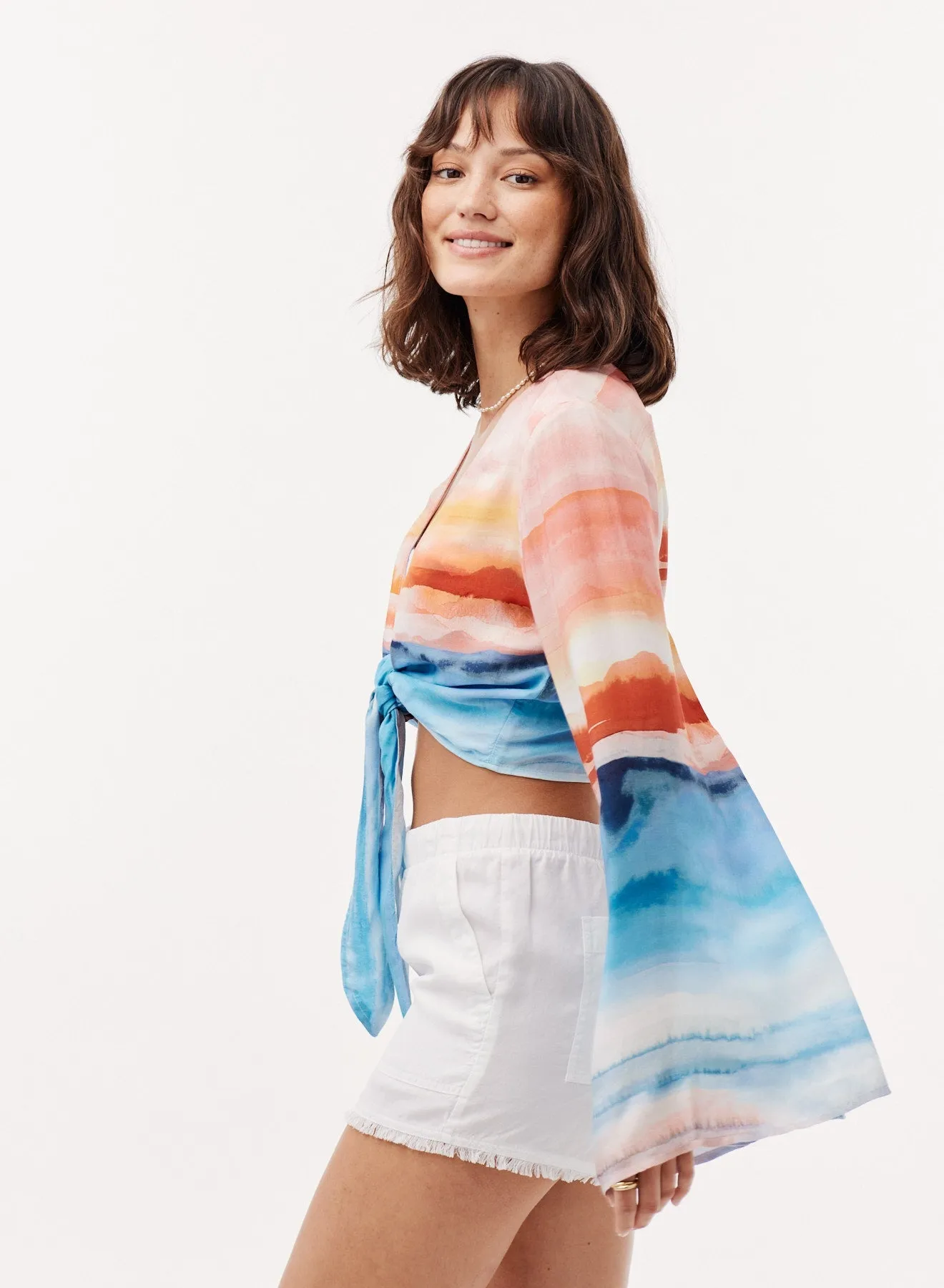 Tie Front Tie-Dye Bell Sleeve Blouse - Horizon Sunset Print
