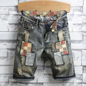 West Louis Ripped Patch Streetwear Retro Denim Shorts