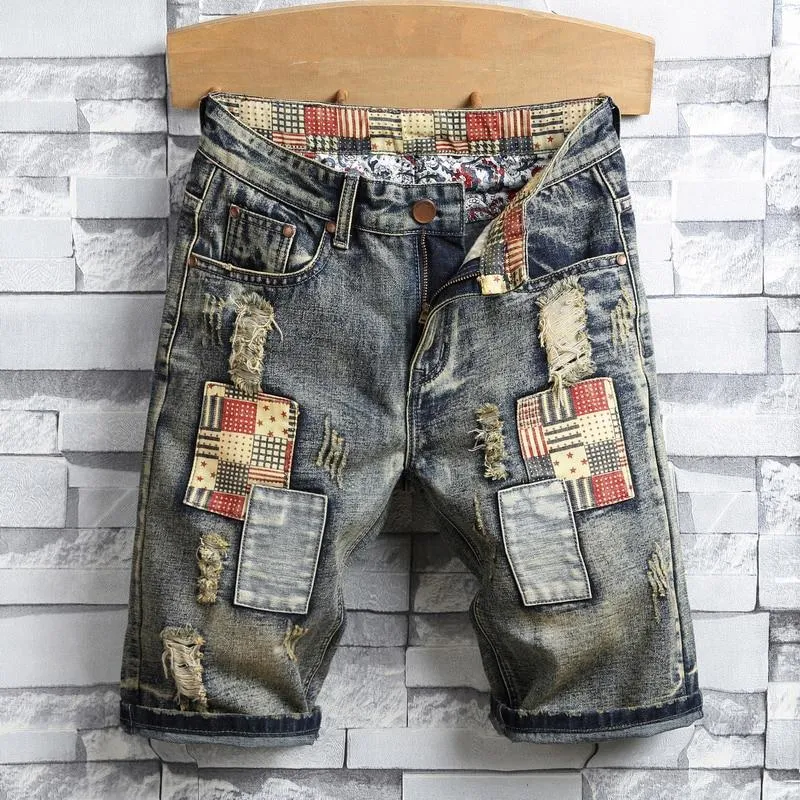 West Louis Ripped Patch Streetwear Retro Denim Shorts