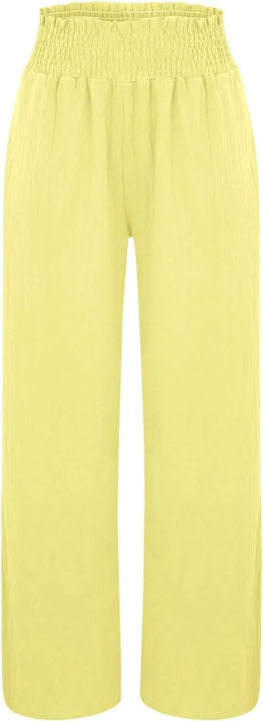 Women Casual Linen Palazzo Pants Fashion Pleated Stretch Waisted Boho Flowy Trousers Outdoor Sports Casual Sweatpants
