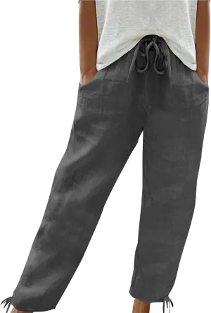 Women Cotton Linen Drawstring Joggers, Summer Outdoor Running Workout Casual Pants Comfy Breathable Pockets Trousers