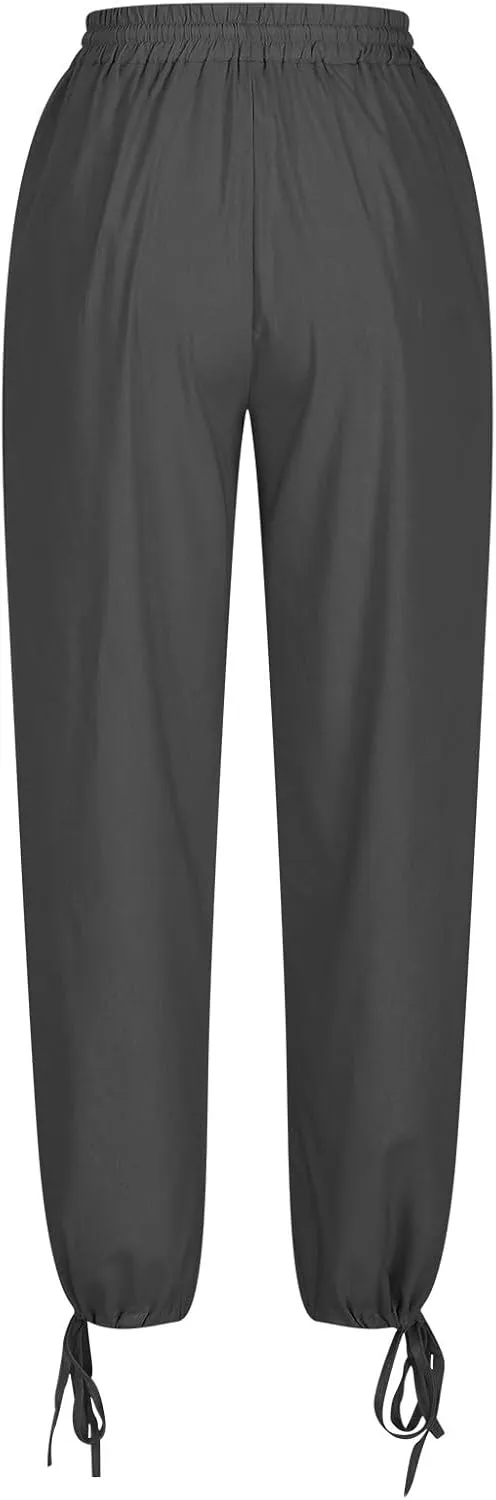 Women Cotton Linen Drawstring Joggers, Summer Outdoor Running Workout Casual Pants Comfy Breathable Pockets Trousers