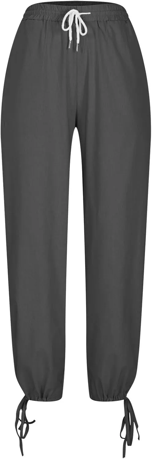Women Cotton Linen Drawstring Joggers, Summer Outdoor Running Workout Casual Pants Comfy Breathable Pockets Trousers