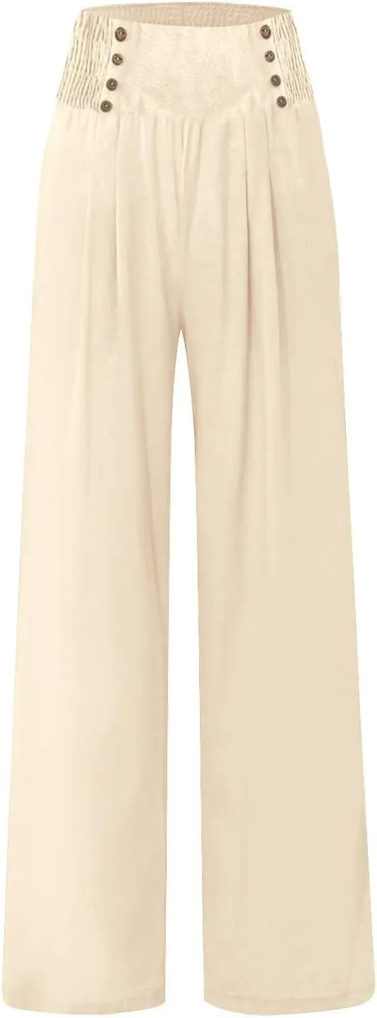 Women Linen Pants Palazzo Wide Leg Elastic High Waist Flowy Trousers Casual Loose Beach Travel Lounge Summer Pants