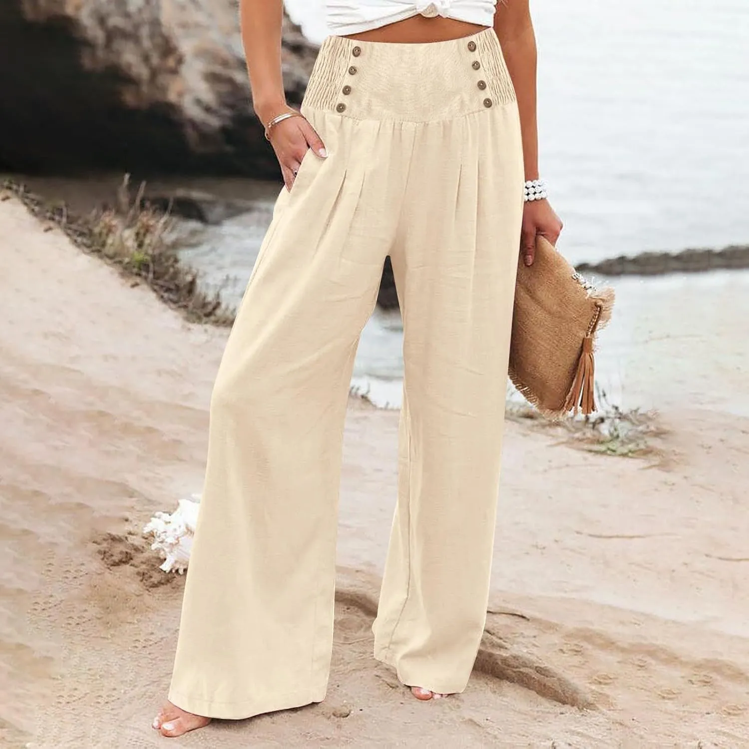Women Linen Pants Palazzo Wide Leg Elastic High Waist Flowy Trousers Casual Loose Beach Travel Lounge Summer Pants