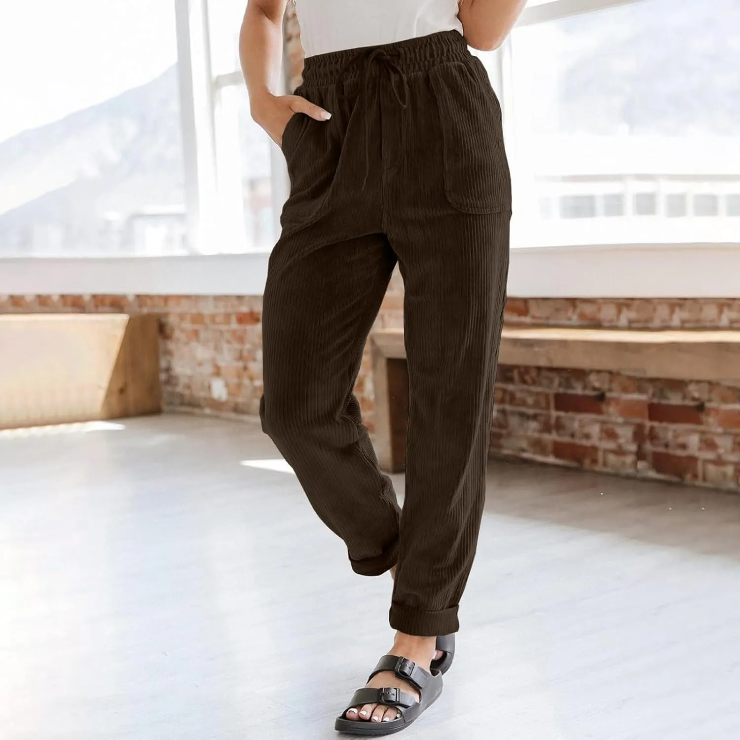 Womens Corduroy Pants Straight Leg Trouser Pants Elastic Waist Relaxed Fit Comfy Casual Work Pants with Pockets