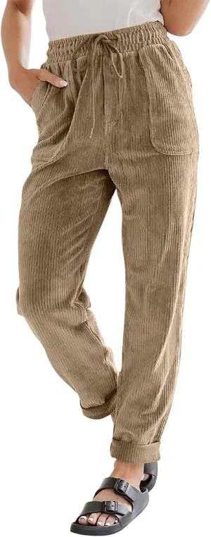 Womens Corduroy Pants Straight Leg Trouser Pants Elastic Waist Relaxed Fit Comfy Casual Work Pants with Pockets