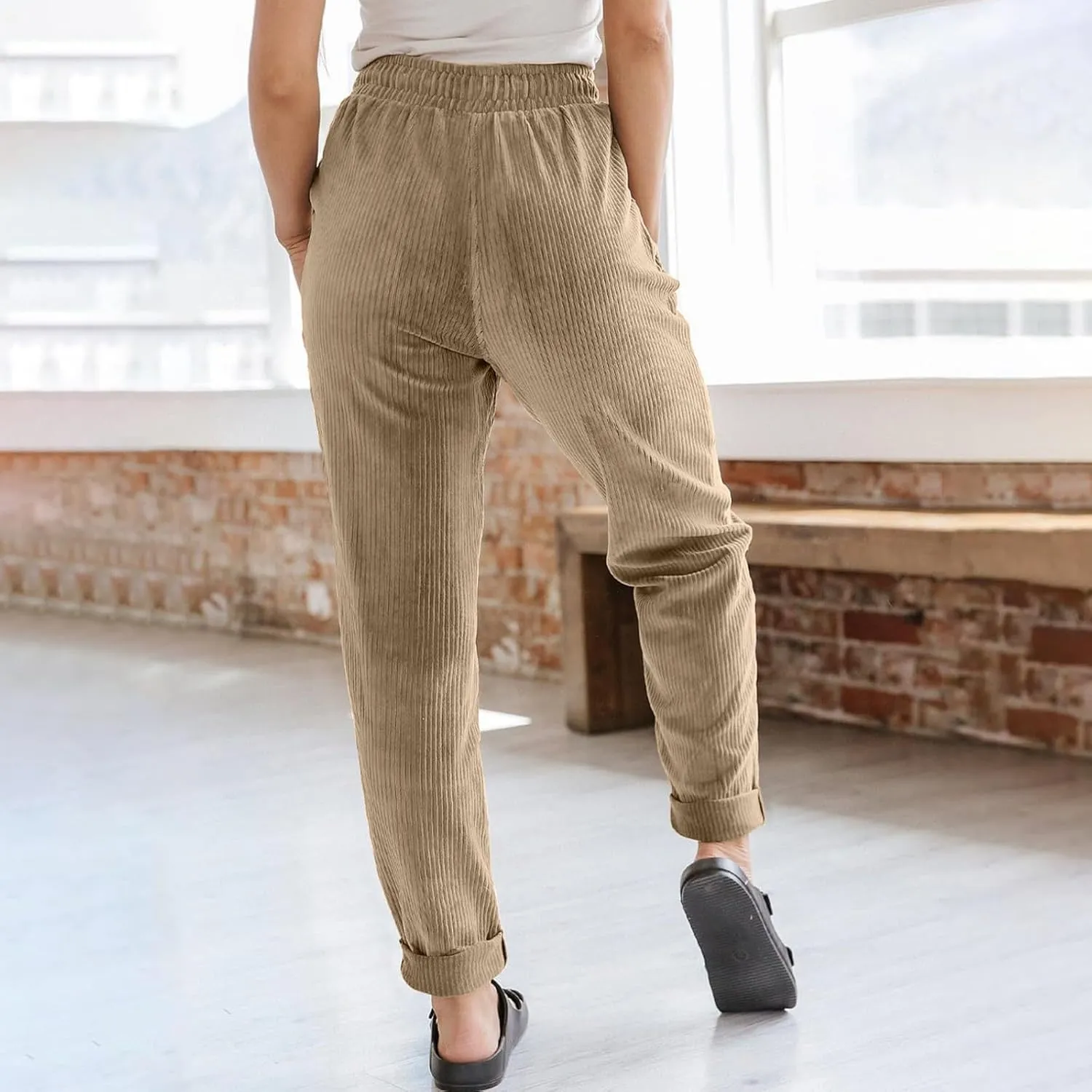 Womens Corduroy Pants Straight Leg Trouser Pants Elastic Waist Relaxed Fit Comfy Casual Work Pants with Pockets