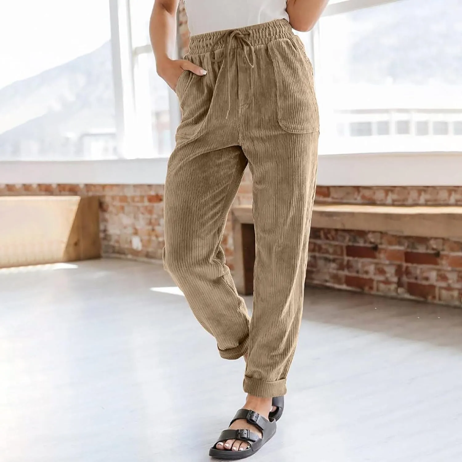 Womens Corduroy Pants Straight Leg Trouser Pants Elastic Waist Relaxed Fit Comfy Casual Work Pants with Pockets