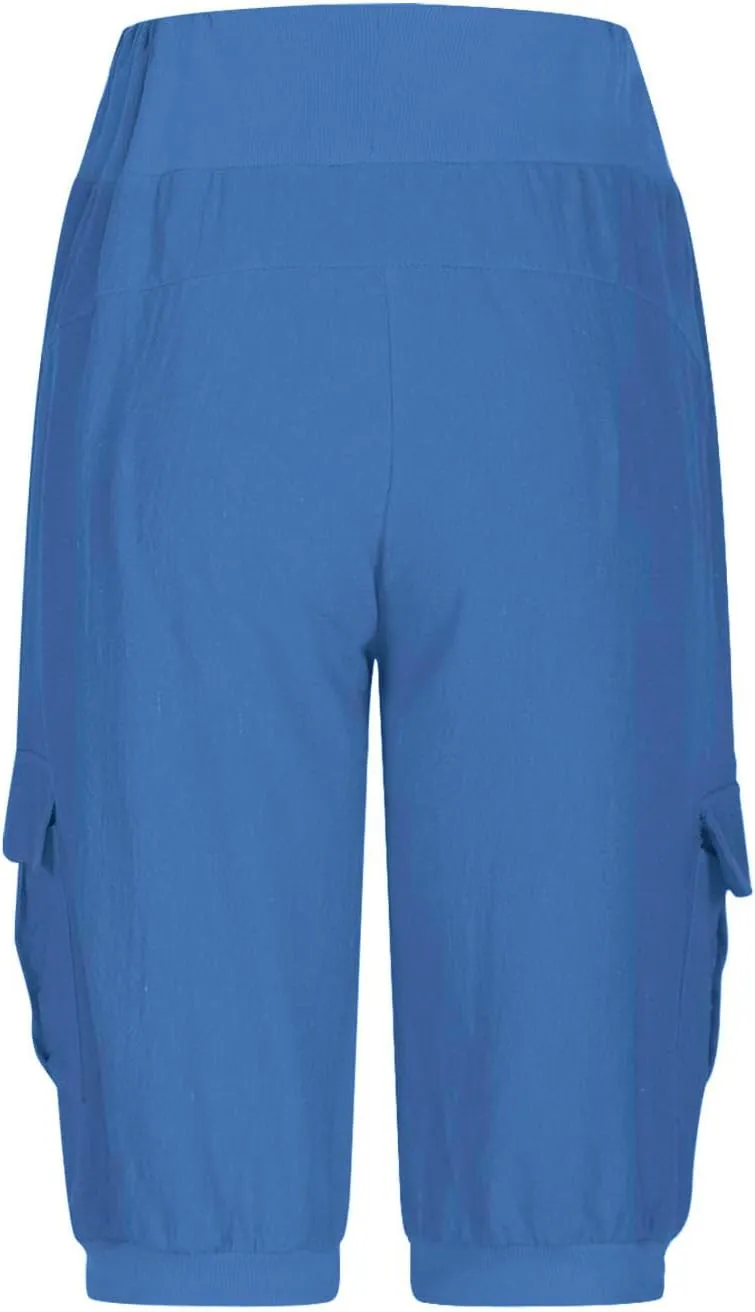 Womens Cotton Linen Capri Pants,High Waist 3/4 Length Cropped Trousers Summer Casual Bottoms Button Capris with Pockets