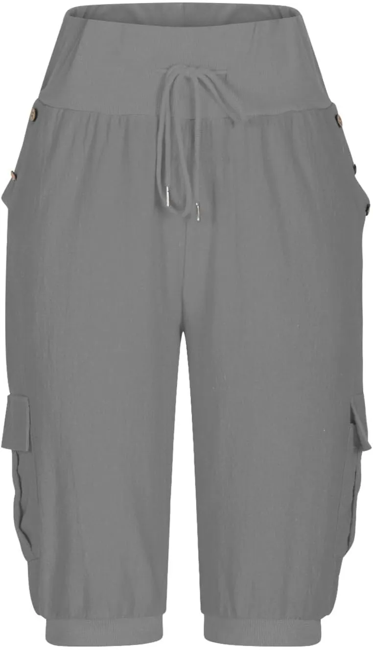 Womens Cotton Linen Capri Pants,High Waist 3/4 Length Cropped Trousers Summer Casual Bottoms Button Capris with Pockets