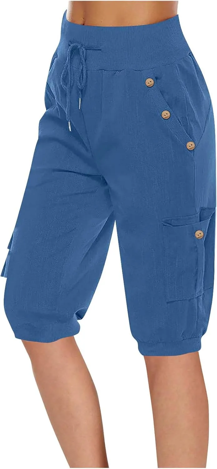 Womens Cotton Linen Capri Pants,High Waist 3/4 Length Cropped Trousers Summer Casual Bottoms Button Capris with Pockets