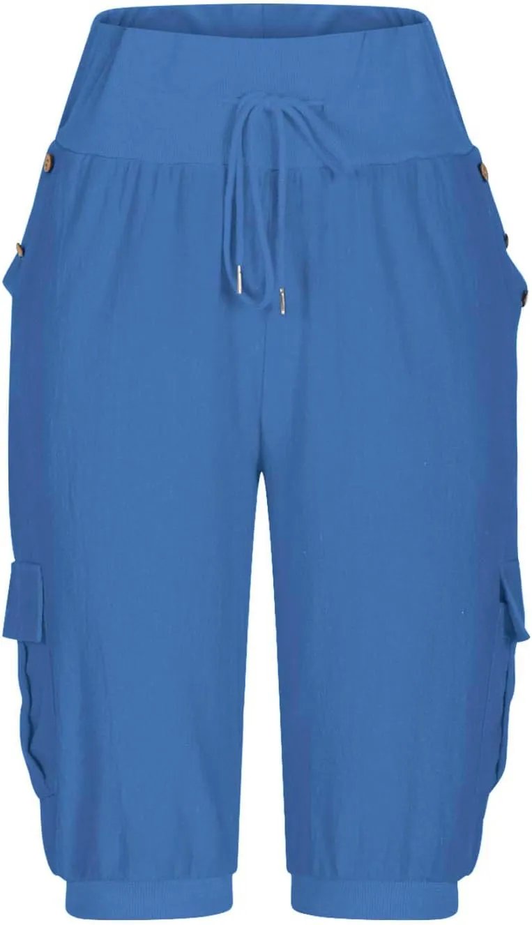Womens Cotton Linen Capri Pants,High Waist 3/4 Length Cropped Trousers Summer Casual Bottoms Button Capris with Pockets