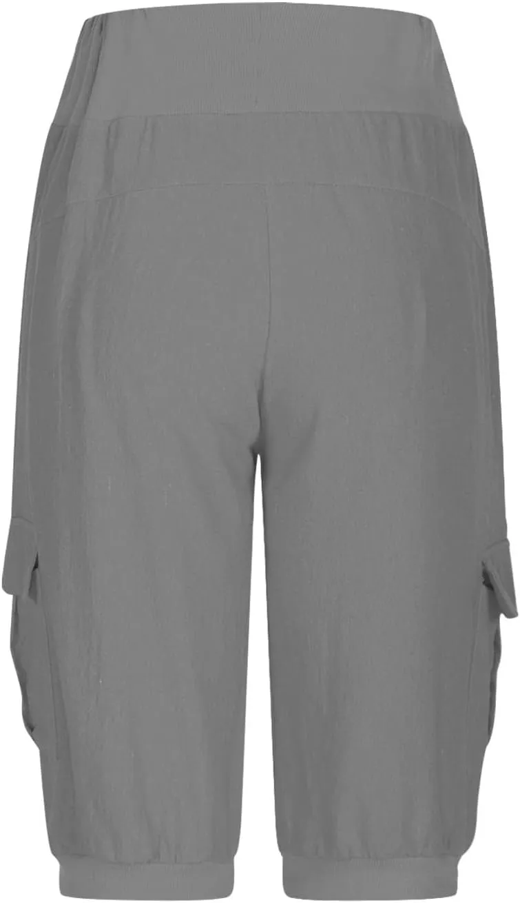 Womens Cotton Linen Capri Pants,High Waist 3/4 Length Cropped Trousers Summer Casual Bottoms Button Capris with Pockets