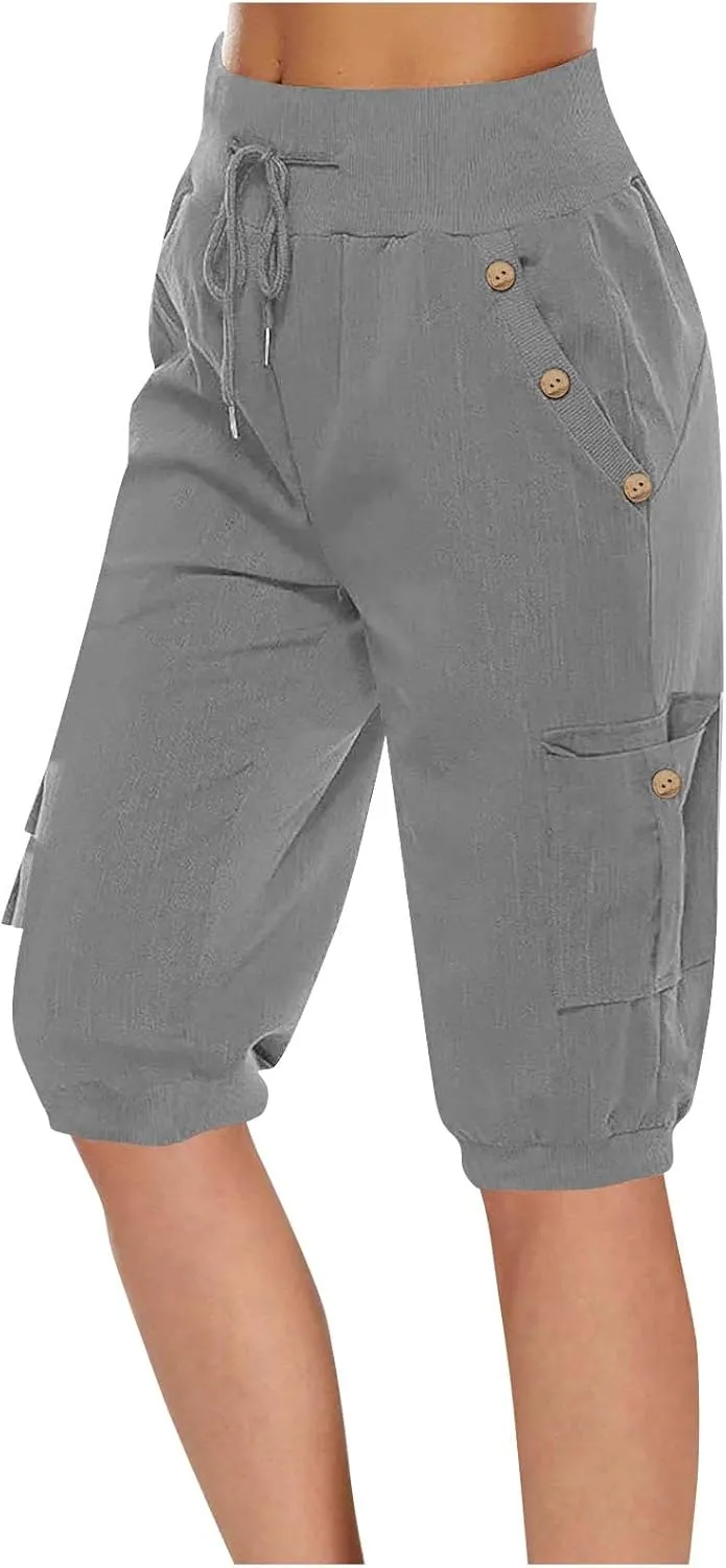 Womens Cotton Linen Capri Pants,High Waist 3/4 Length Cropped Trousers Summer Casual Bottoms Button Capris with Pockets