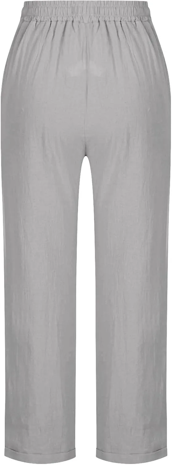 Womens Tapered Pants Cotton Linen Drawstring Elastic Waist Pants Summer Casual Trousers Plus Size Slacks with Pockets